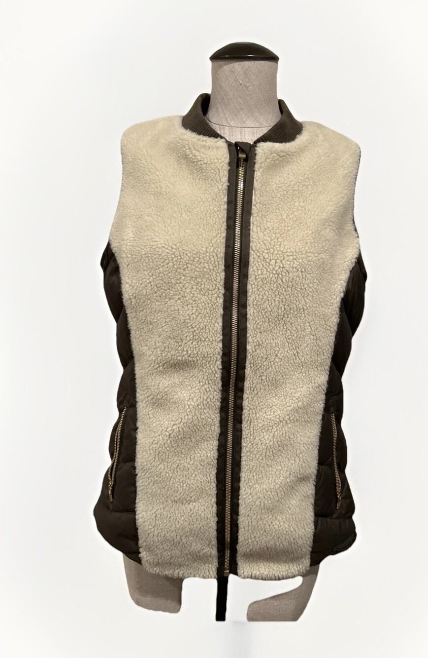 Athleta Women’s Medium Down Shearling Puffer Vest Responsible Tundra- EUC